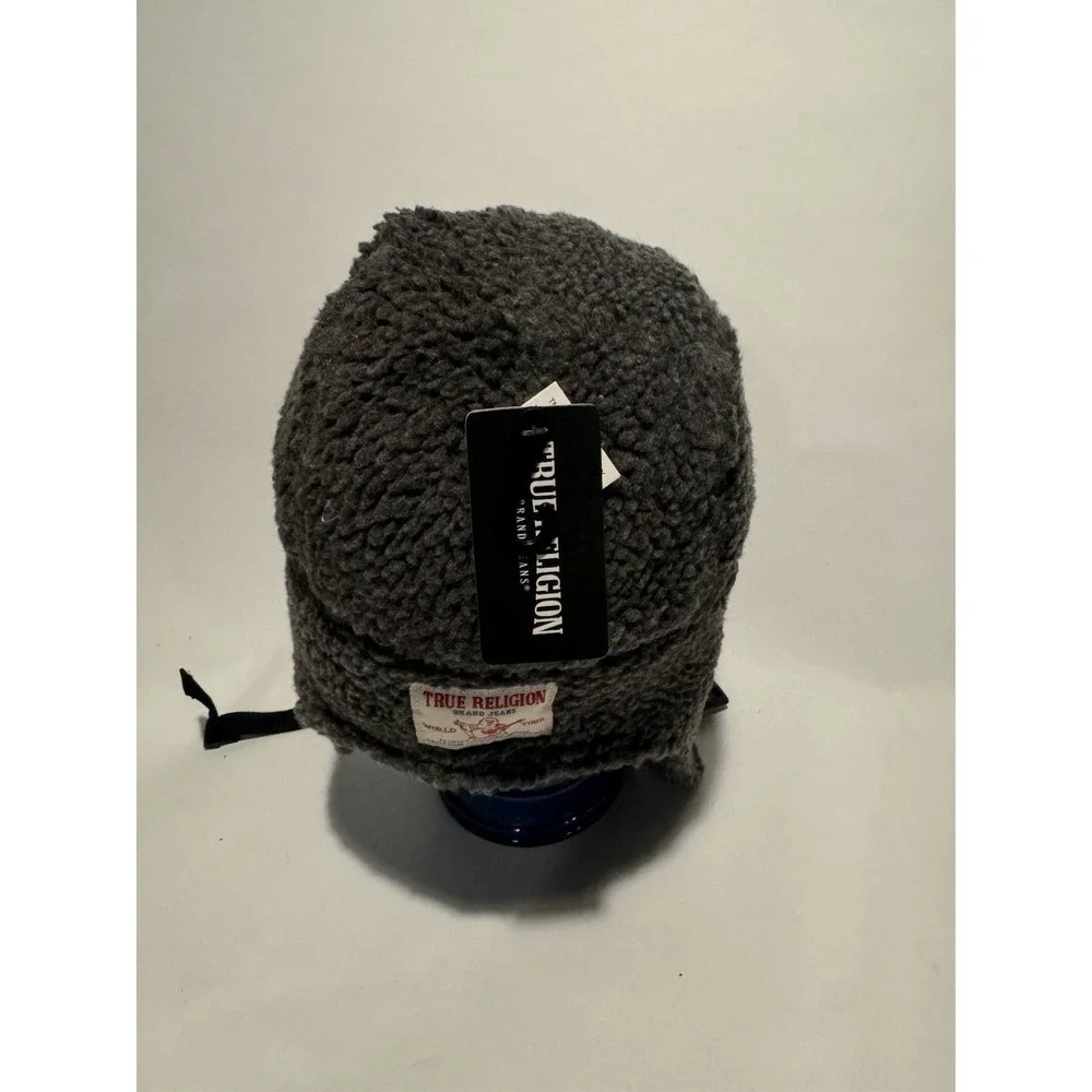 True Religion Trapper Sherpa Winter Lined Hat Warm Hat Chin Strap NWT Gray